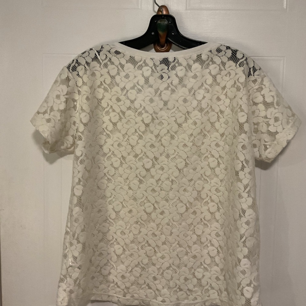 H&M Lace Top Women Small White Excellent Short Sleeve Floral Scoop Neck Blouse - Picture 2 of 6